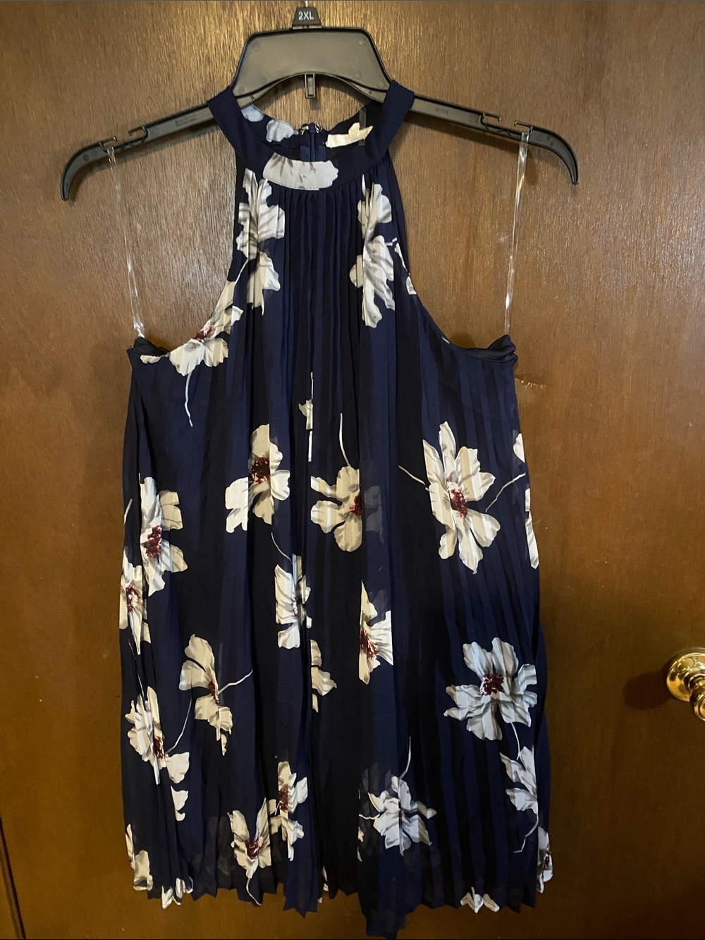 Navy Floral Halter Pleated Mini Dress